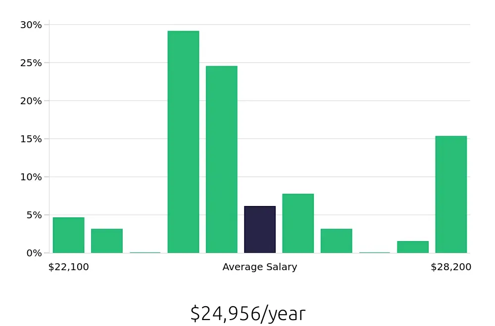 Graph depicting the yearly salary distribution for To Go Specialist jobs in Southern Pines, NC, showing an average salary of $24,956 with varying distribution percentages across salary ranges.