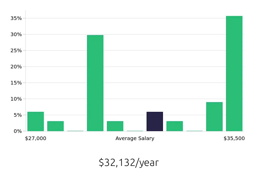 Graph depicting the yearly salary distribution for To Go Specialist jobs in Syracuse, NY, showing an average salary of $32,132 with varying distribution percentages across salary ranges.