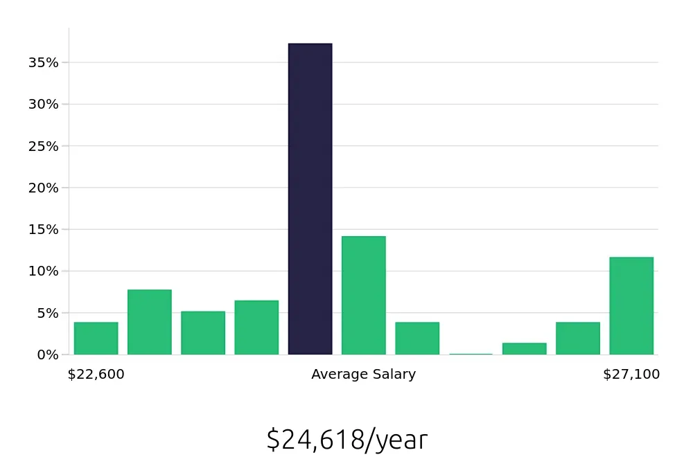 Graph depicting the yearly salary distribution for To Go Specialist jobs in Temple, TX, showing an average salary of $24,618 with varying distribution percentages across salary ranges.