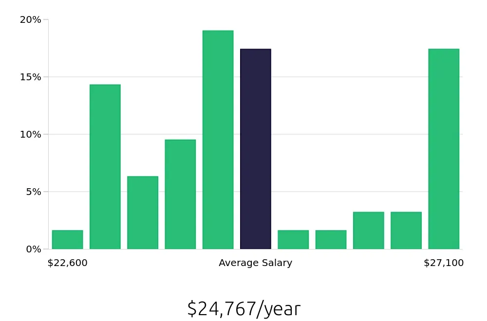 Graph depicting the yearly salary distribution for To Go Specialist jobs in Texarkana, TX, showing an average salary of $24,767 with varying distribution percentages across salary ranges.