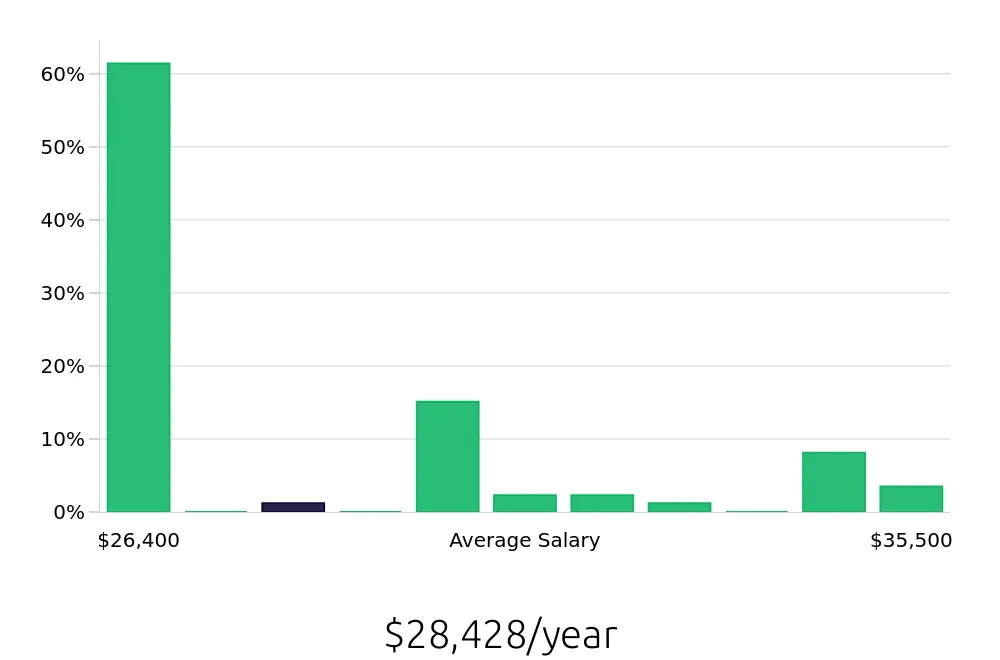 Graph depicting the yearly salary distribution for To Go Specialist jobs in Vestal, NY, showing an average salary of $28,428 with varying distribution percentages across salary ranges.