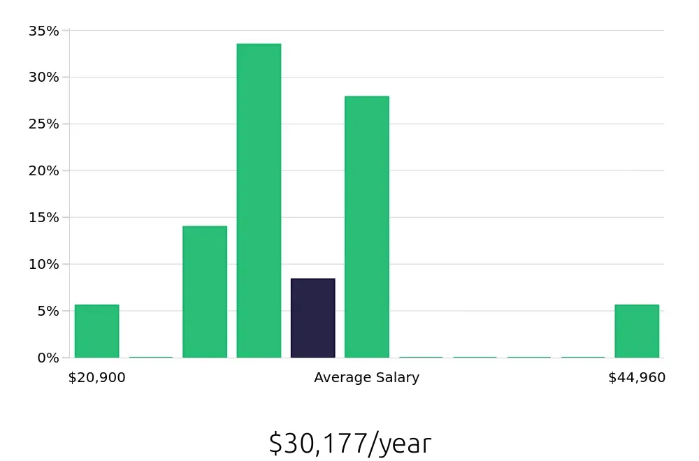 Graph depicting the yearly salary distribution for To Go Specialist jobs in Willoughby, OH, showing an average salary of $30,177 with varying distribution percentages across salary ranges.