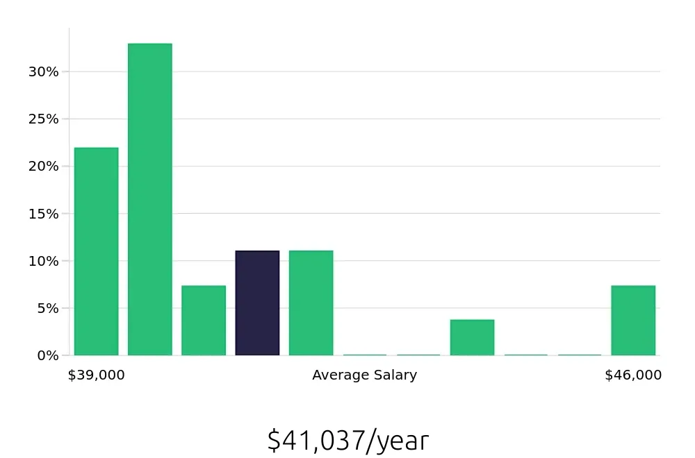 Graph depicting the yearly salary distribution for Traffic Control Flagger jobs in Lewiston, ME, showing an average salary of $41,037 with varying distribution percentages across salary ranges.