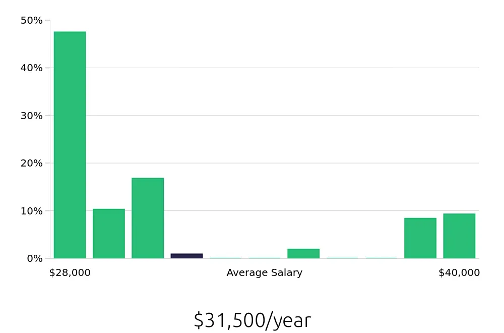 Graph depicting the yearly salary distribution for Traffic Control Flagger jobs in Manassas, VA, showing an average salary of $31,500 with varying distribution percentages across salary ranges.