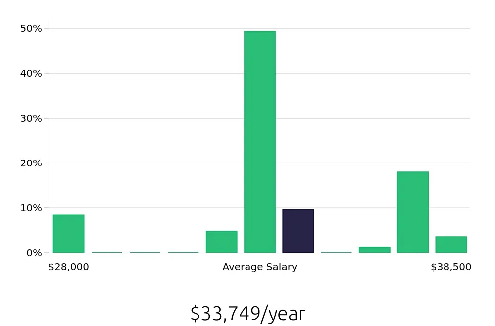 Graph depicting the yearly salary distribution for Traffic Control Flagger jobs in Pittsburgh, PA, showing an average salary of $33,749 with varying distribution percentages across salary ranges.