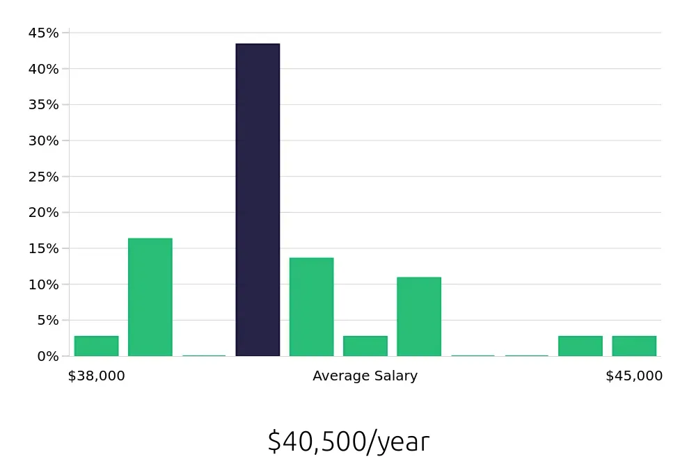 Graph depicting the yearly salary distribution for Traffic Control Flagger jobs in Portland, ME, showing an average salary of $40,500 with varying distribution percentages across salary ranges.