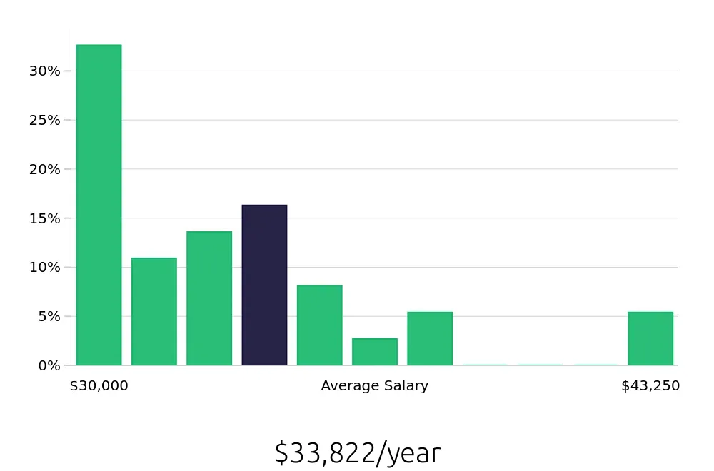 Graph depicting the yearly salary distribution for Traffic Control Flagger jobs in Savannah, GA, showing an average salary of $33,822 with varying distribution percentages across salary ranges.