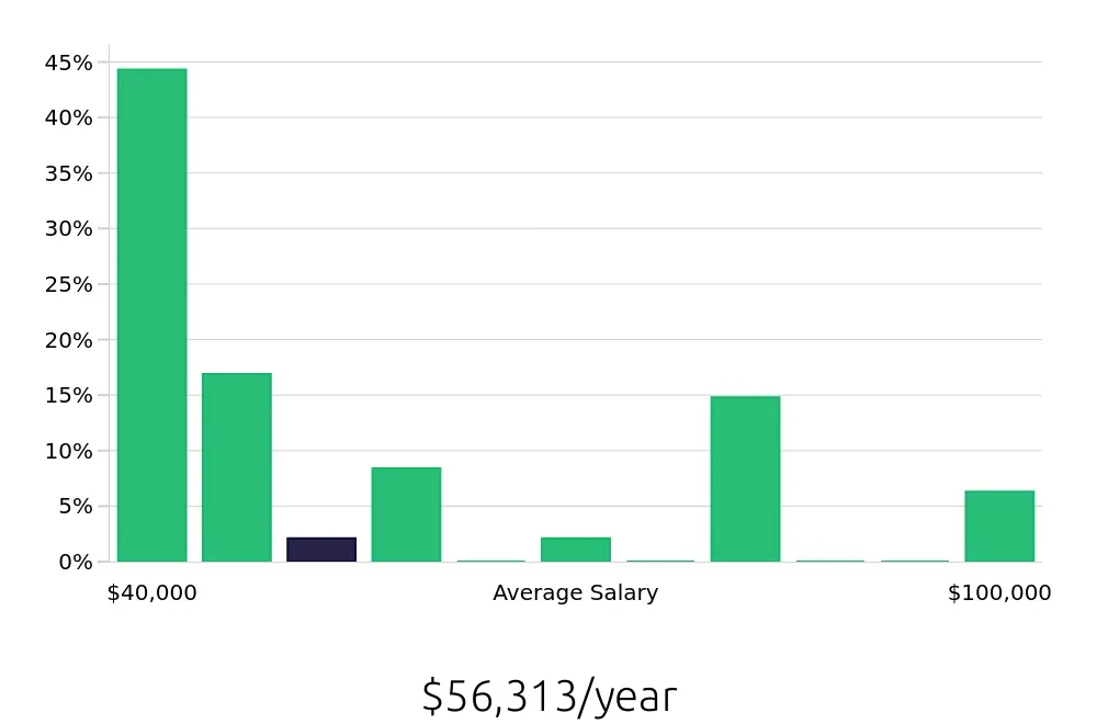 Graph depicting the yearly salary distribution for Tutor jobs in New Orleans, LA, showing an average salary of $56,313 with varying distribution percentages across salary ranges.